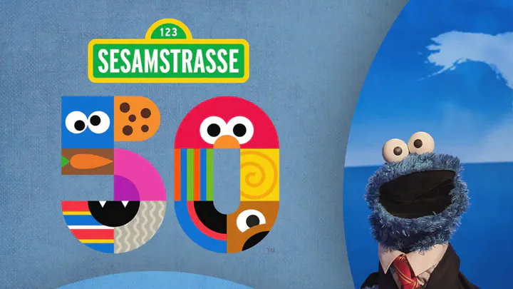 Cookie Monster stands in a suit next to the SESAME STREET logo and a 50 - designed from graphic elments of the various Muppets